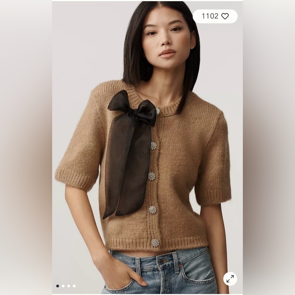 Maeve/Anthropologie Short Sleeve Bow Cardigan in Beige Size SP. NWT